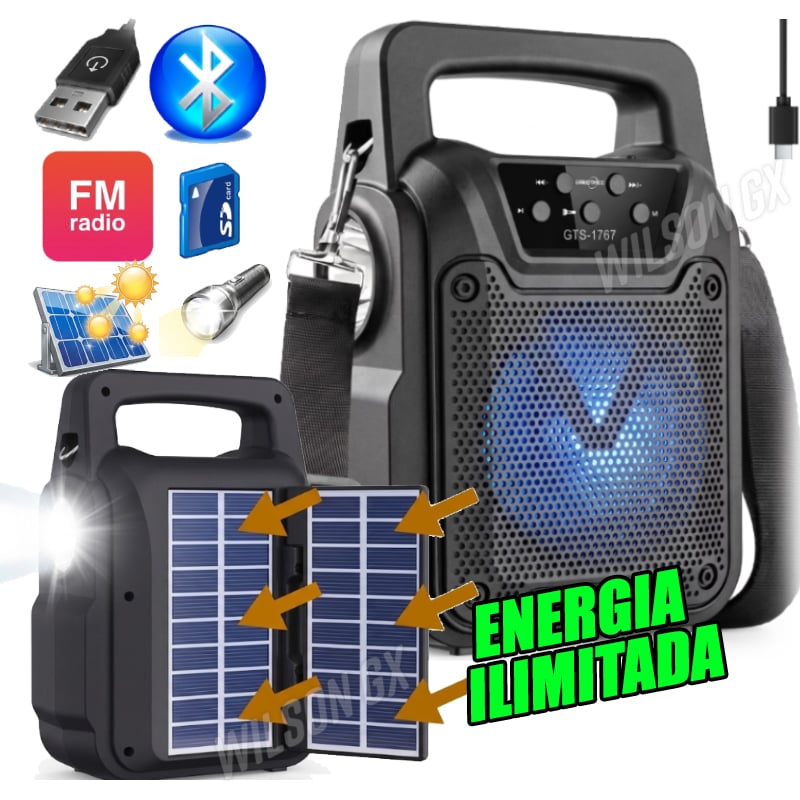 RADIO PORTATIL FM CON DOBLE PANEL SOLAR PARLANTE BLUETOOTH RECARGABLE USB LINTERNA EMERGENCIA - 1