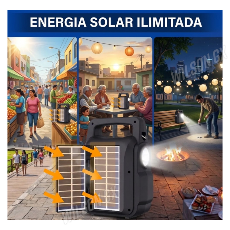 RADIO PORTATIL FM CON DOBLE PANEL SOLAR PARLANTE BLUETOOTH RECARGABLE USB LINTERNA EMERGENCIA - 3