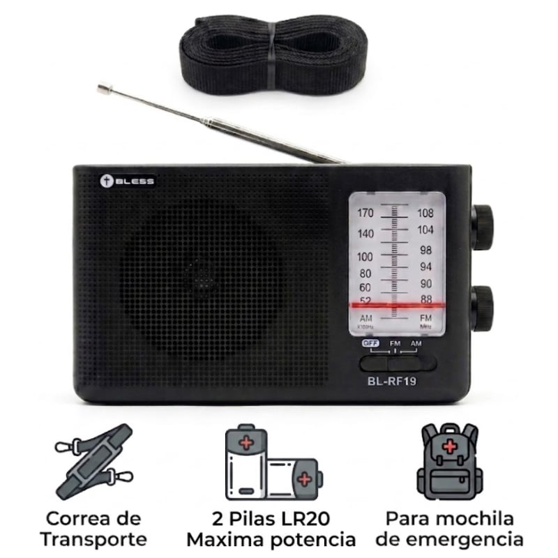 RADIO PORTATIL A PILAS AM-FM AM FM CON ALTAVOZ , SALIDA AUDÍFONO CORREA PARA MOCHILA EMERGENCIA - 1