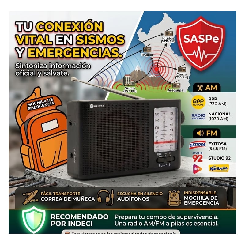 RADIO PORTATIL A PILAS AM-FM AM FM CON ALTAVOZ , SALIDA AUDÍFONO CORREA PARA MOCHILA EMERGENCIA - 3