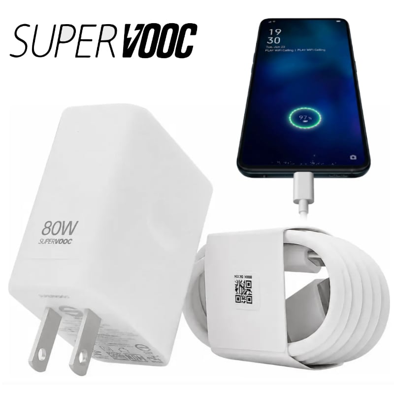 CARGADOR COMPATIBLE OPPO 80W SUPERVOOC CARGA RAPIDA RENO16 A58 A78 - 1