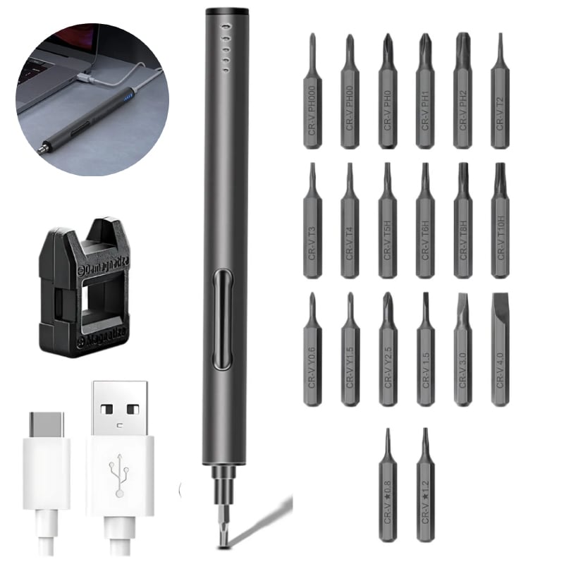 DESTORNILLADOR ELÉCTRICO PROFESIONAL CON MAGNETIZADOR Y LUZ LED SET 21 PZ USB - 1