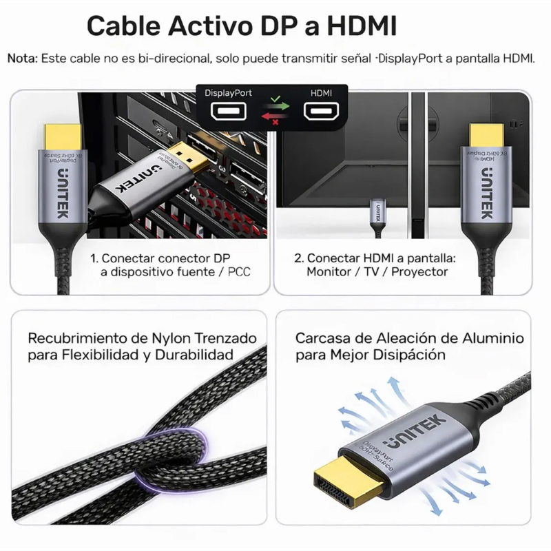CABLE DISPLAYPORT A HDMI 2.1 8K 60HZ / 4K 120HZ 2 METROS TRENZADO - 3
