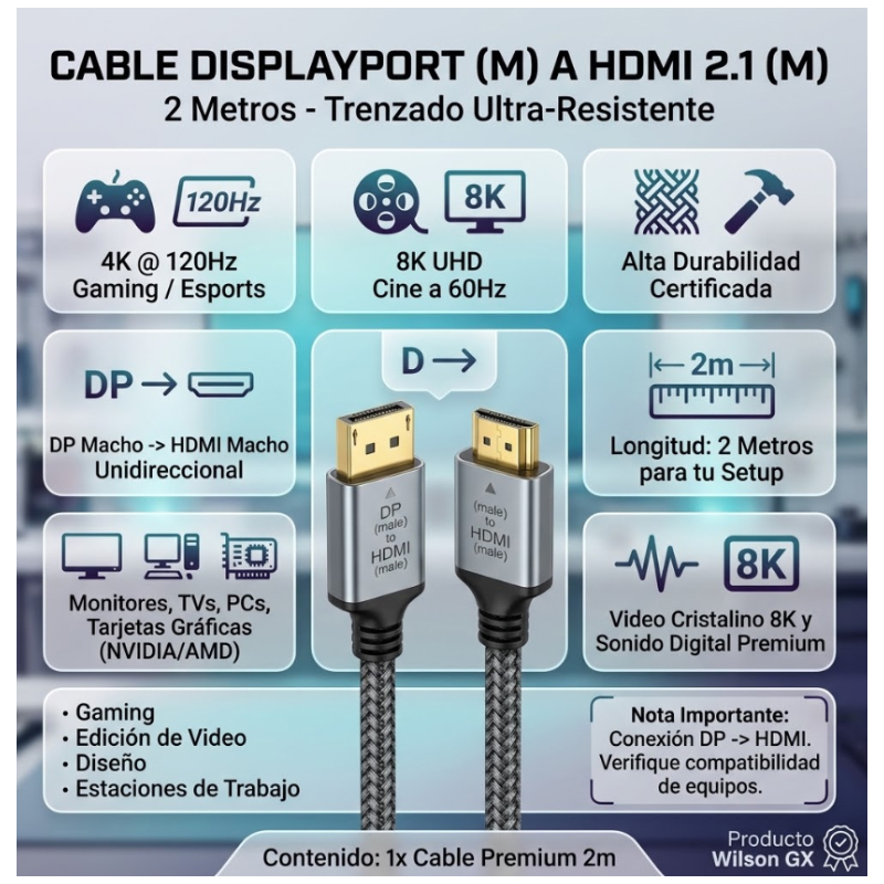 CABLE DISPLAYPORT A HDMI 2.1 8K 60HZ / 4K 120HZ 2 METROS TRENZADO - 4