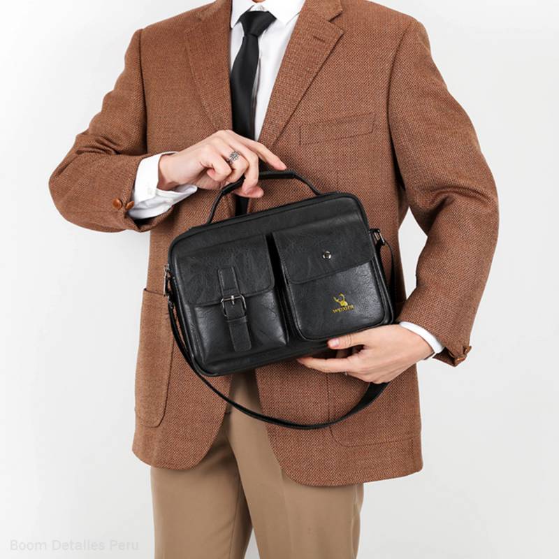 MORRAL HOMBRE CUERO PU NEGRO WEIXIER BANDOLERA IMPERMEABLE CASUAL - 2