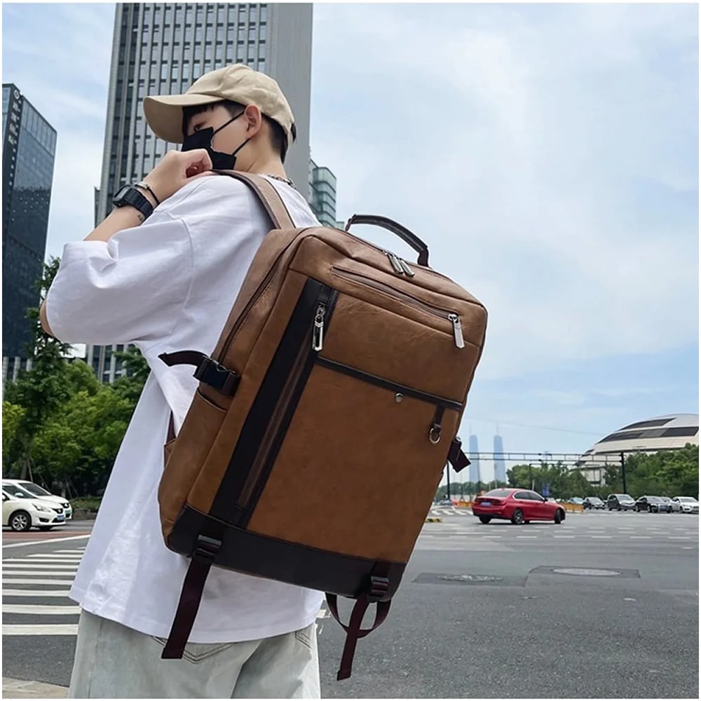 MOCHILA CUERO PU PARA HOMBRE CON PORTA LAPTOP CARGADOR USB MODA HOMBRE - 2