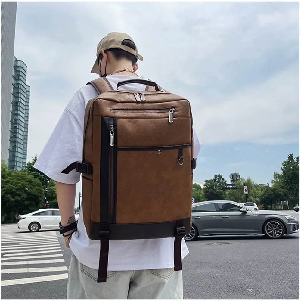 MOCHILA CUERO PU PARA HOMBRE CON PORTA LAPTOP CARGADOR USB MODA HOMBRE - 3