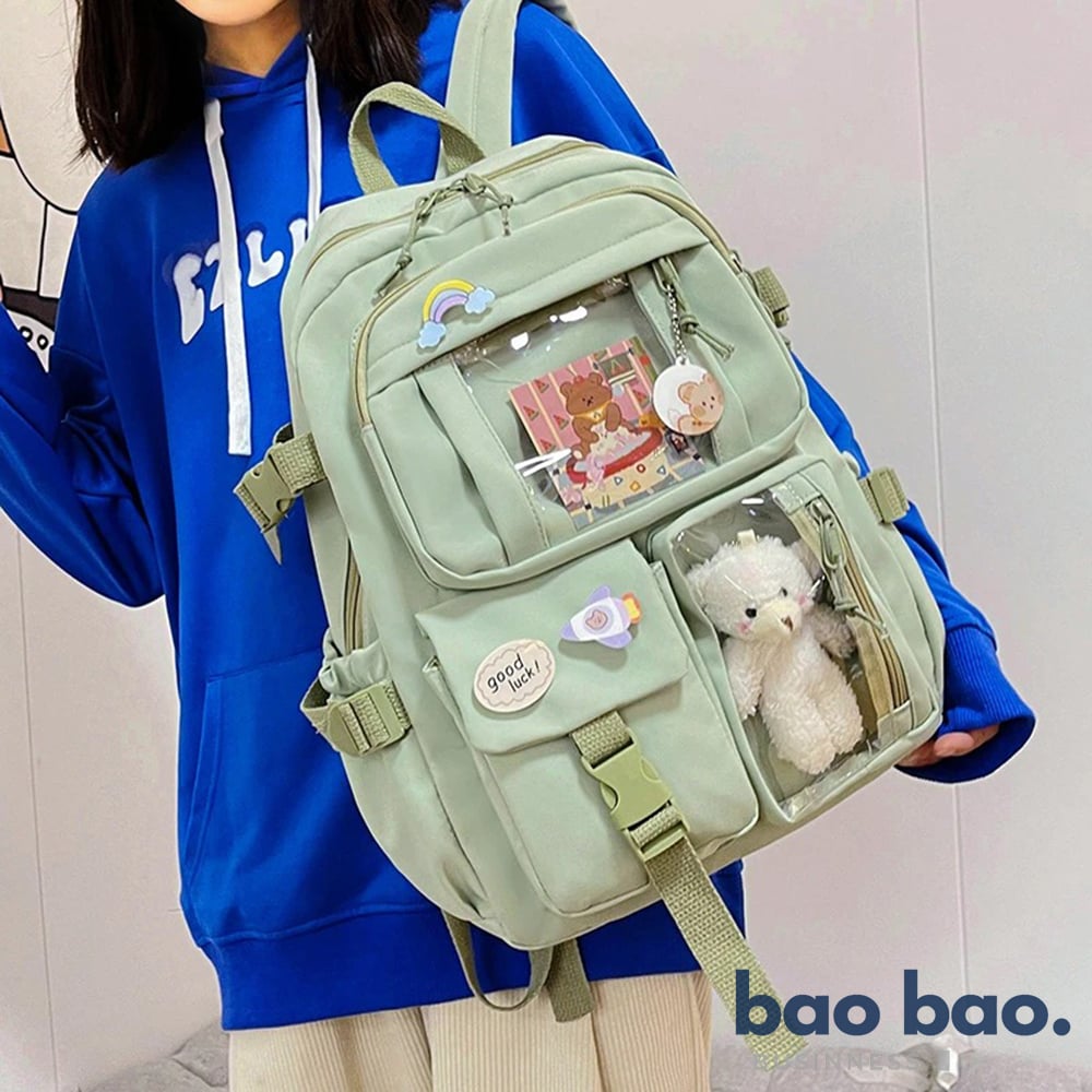 MOCHILA KAWAII COREANA CON ACCESORIOS PINES Y PELUCHE PARA MUJER NIÑAS ESTUDIANTE - 1