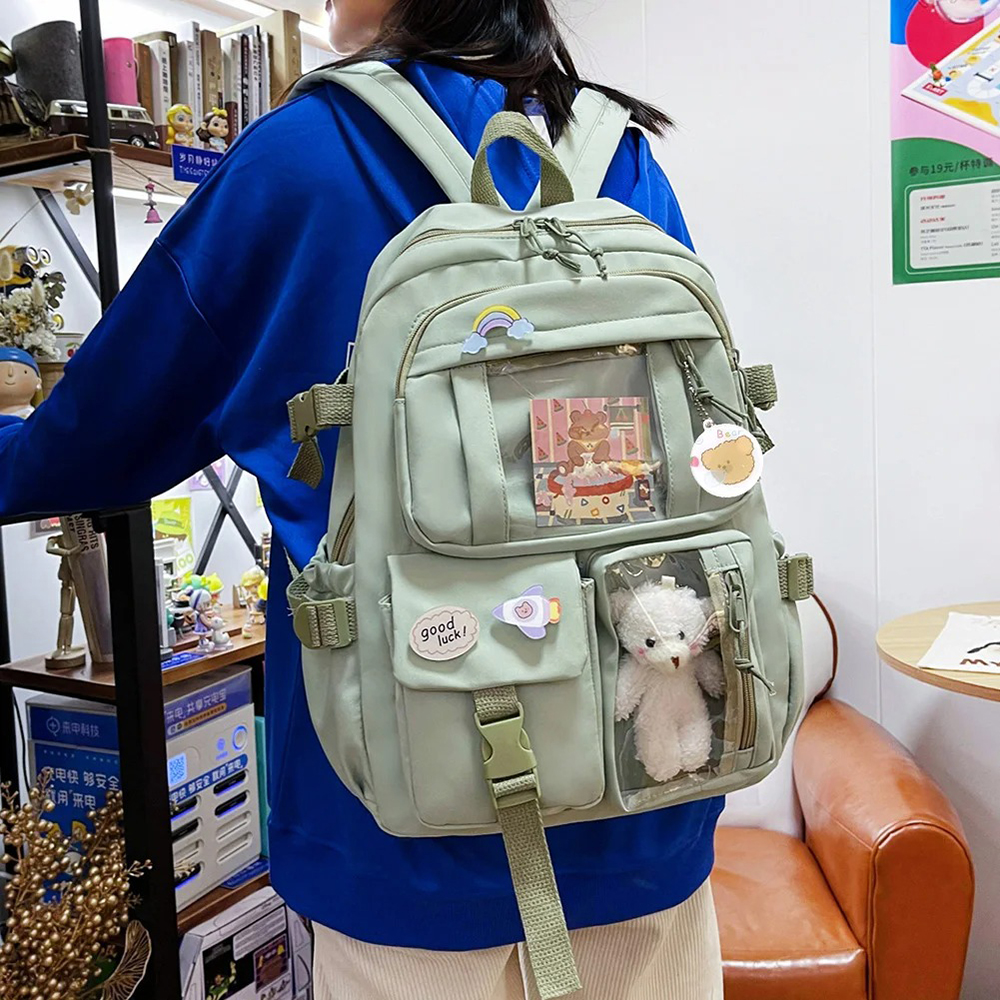 MOCHILA KAWAII COREANA CON ACCESORIOS PINES Y PELUCHE PARA MUJER NIÑAS ESTUDIANTE - 6