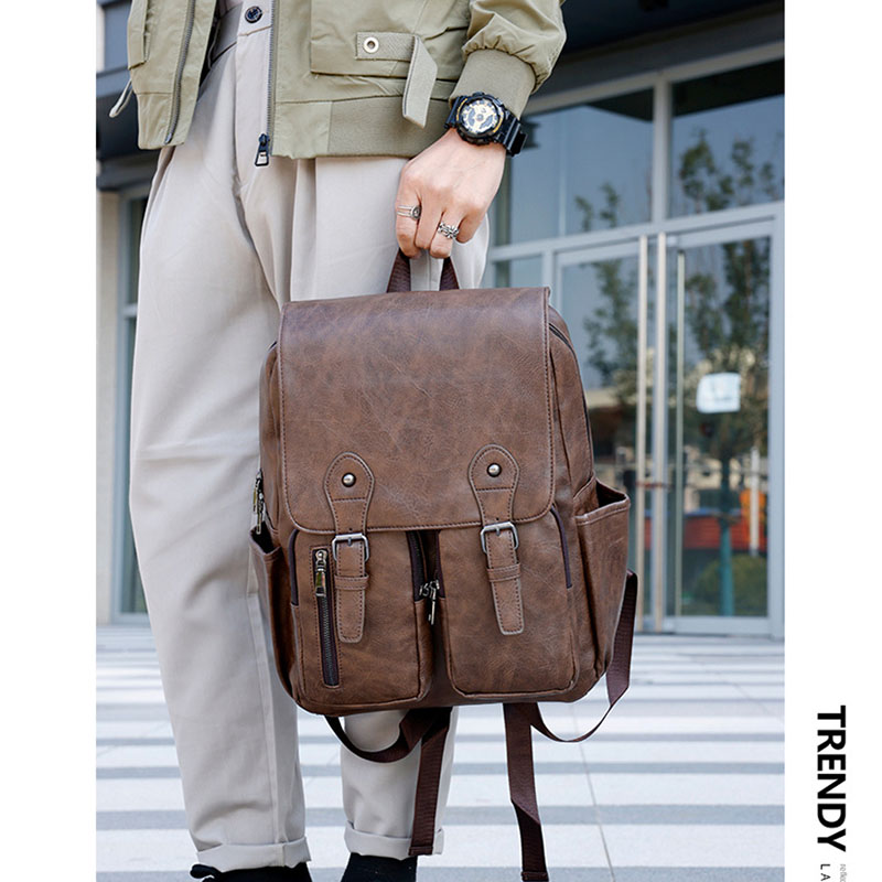 MOCHILA DE CUERO PU PARA HOMBRE NEGRA MARRON OSCURO MODA ELEGANTE CASUAL - 4