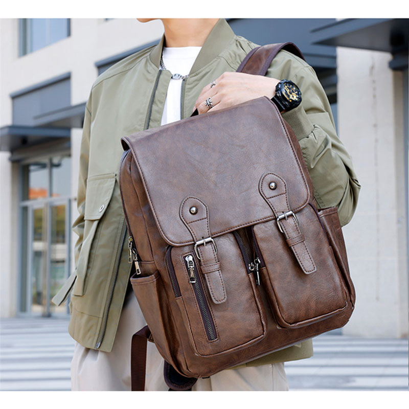 MOCHILA DE CUERO PU PARA HOMBRE NEGRA MARRON OSCURO MODA ELEGANTE CASUAL - 5