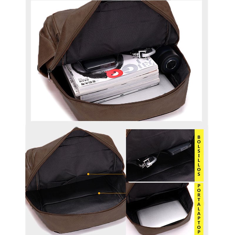MOCHILA DE CUERO PU PARA HOMBRE NEGRA MARRON OSCURO MODA ELEGANTE CASUAL - 7