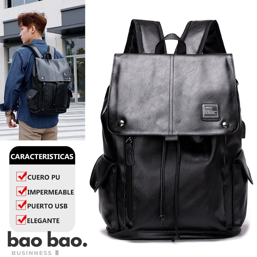 MOCHILA PARA HOMBRE NEGRA MARRON DE CUERO PU MODA CASUAL ELEGANTE - 1