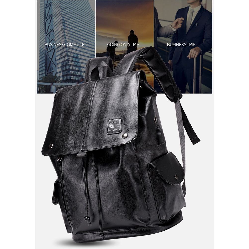 MOCHILA PARA HOMBRE NEGRA MARRON DE CUERO PU MODA CASUAL ELEGANTE - 2