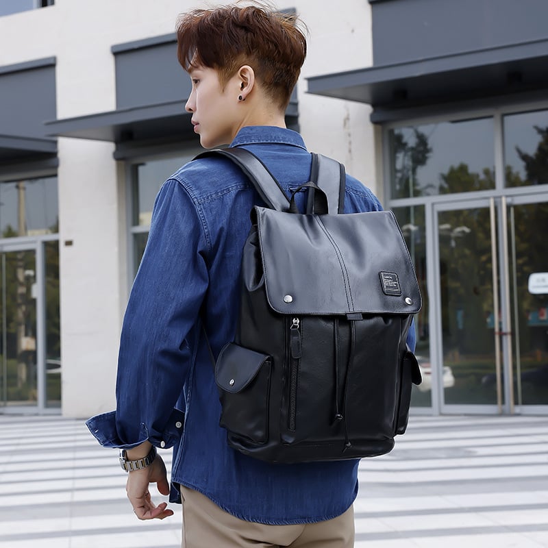 MOCHILA PARA HOMBRE NEGRA MARRON DE CUERO PU MODA CASUAL ELEGANTE - 3