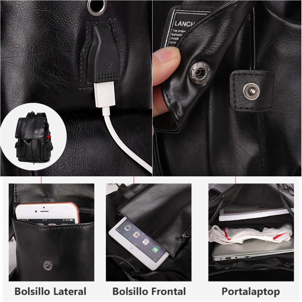 MOCHILA PARA HOMBRE NEGRA MARRON DE CUERO PU MODA CASUAL ELEGANTE - 6