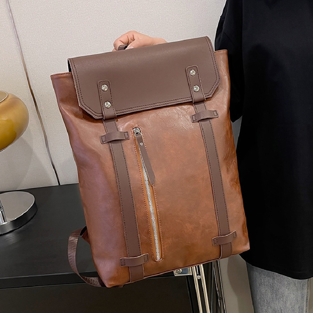 MOCHILA DE CUERO PU JUVENIL IMPERMEABLE MODA CASUAL CAFE MARRON - 3
