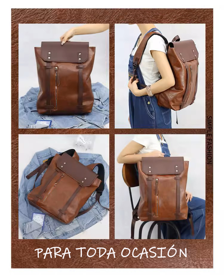 MOCHILA DE CUERO PU JUVENIL IMPERMEABLE MODA CASUAL CAFE MARRON - 6
