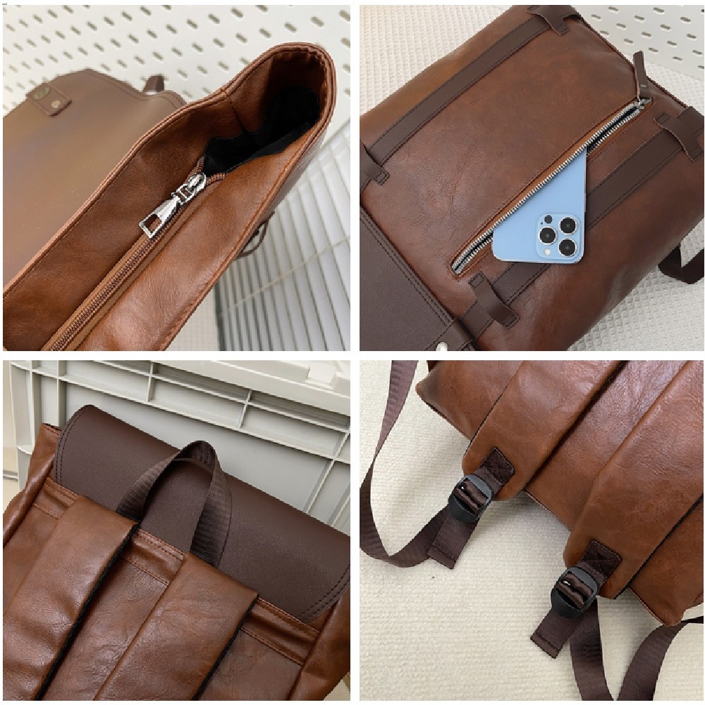MOCHILA DE CUERO PU JUVENIL IMPERMEABLE MODA CASUAL CAFE MARRON - 8