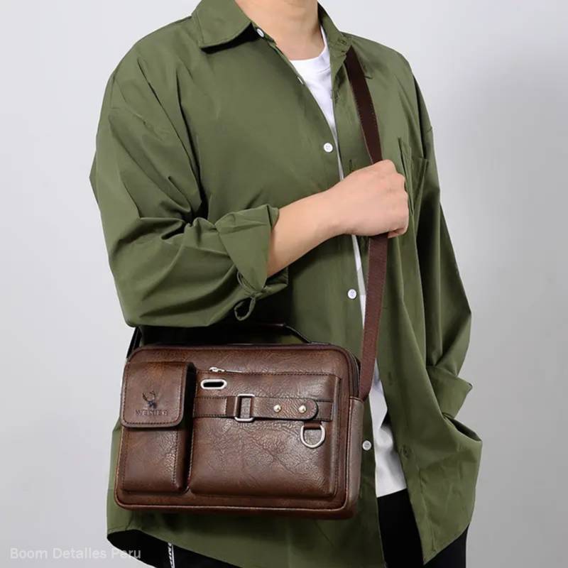 BANDOLERA HOMBRE DE CUERO PU IMPERMEABLE MORRAL WEIXIER PORTA TABLET - 2