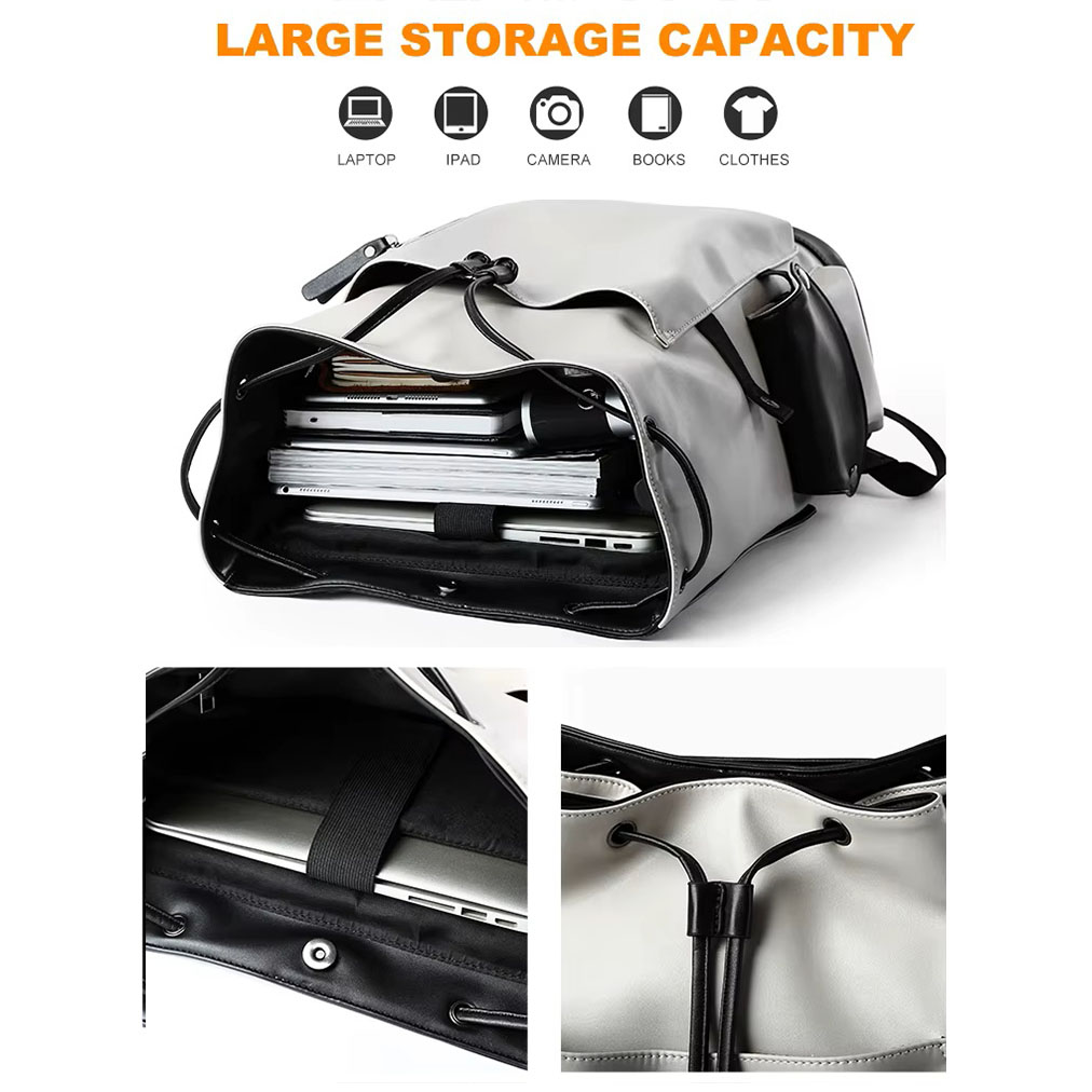 MOCHILA HOMBRE CUERO PU CASUAL URBANA IMPERMEABLE PORTA LAPTOP MOCHILA EJECUTIVA BLANCA - 5