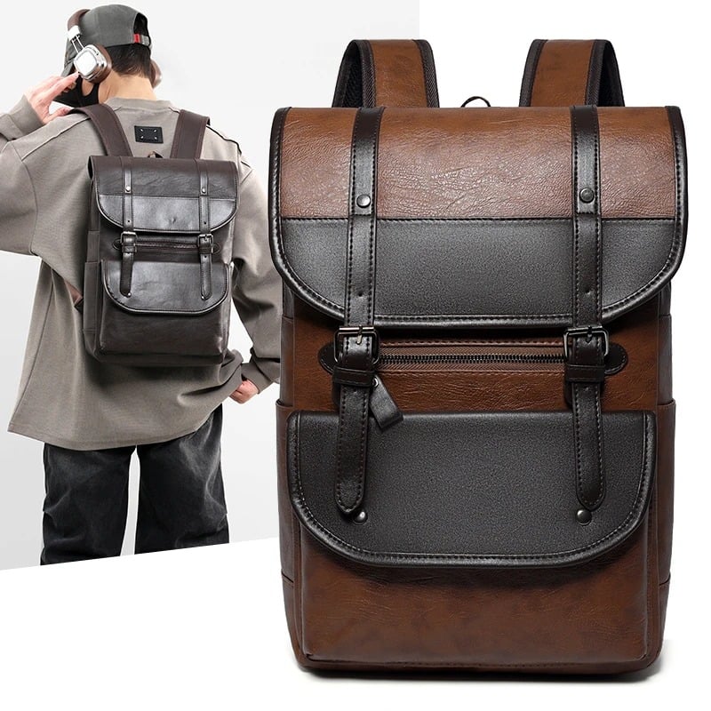 MOCHILA DE HOMBRE VINTAGE DE CUERO PU CON PORTA LAPTOP ESTUDIOS TRABAJO NEGRO MARRÓN - 1