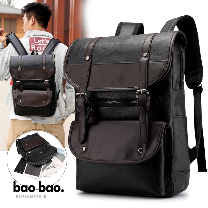 MOCHILA DE HOMBRE VINTAGE DE CUERO PU CON PORTA LAPTOP ESTUDIOS TRABAJO NEGRO MARRÓN - 1