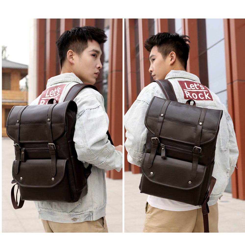 MOCHILA DE HOMBRE VINTAGE DE CUERO PU CON PORTA LAPTOP ESTUDIOS TRABAJO NEGRO MARRÓN - 3