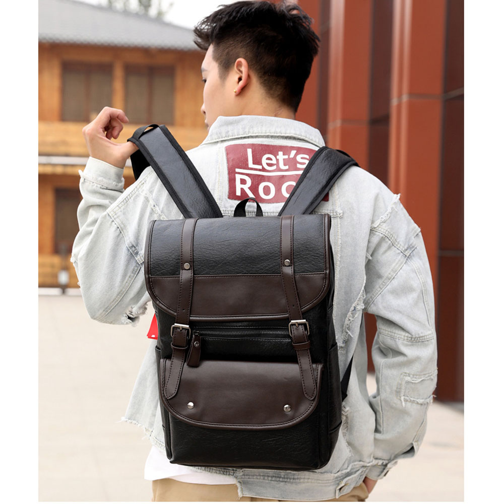 MOCHILA DE HOMBRE VINTAGE DE CUERO PU CON PORTA LAPTOP ESTUDIOS TRABAJO NEGRO MARRÓN - 3