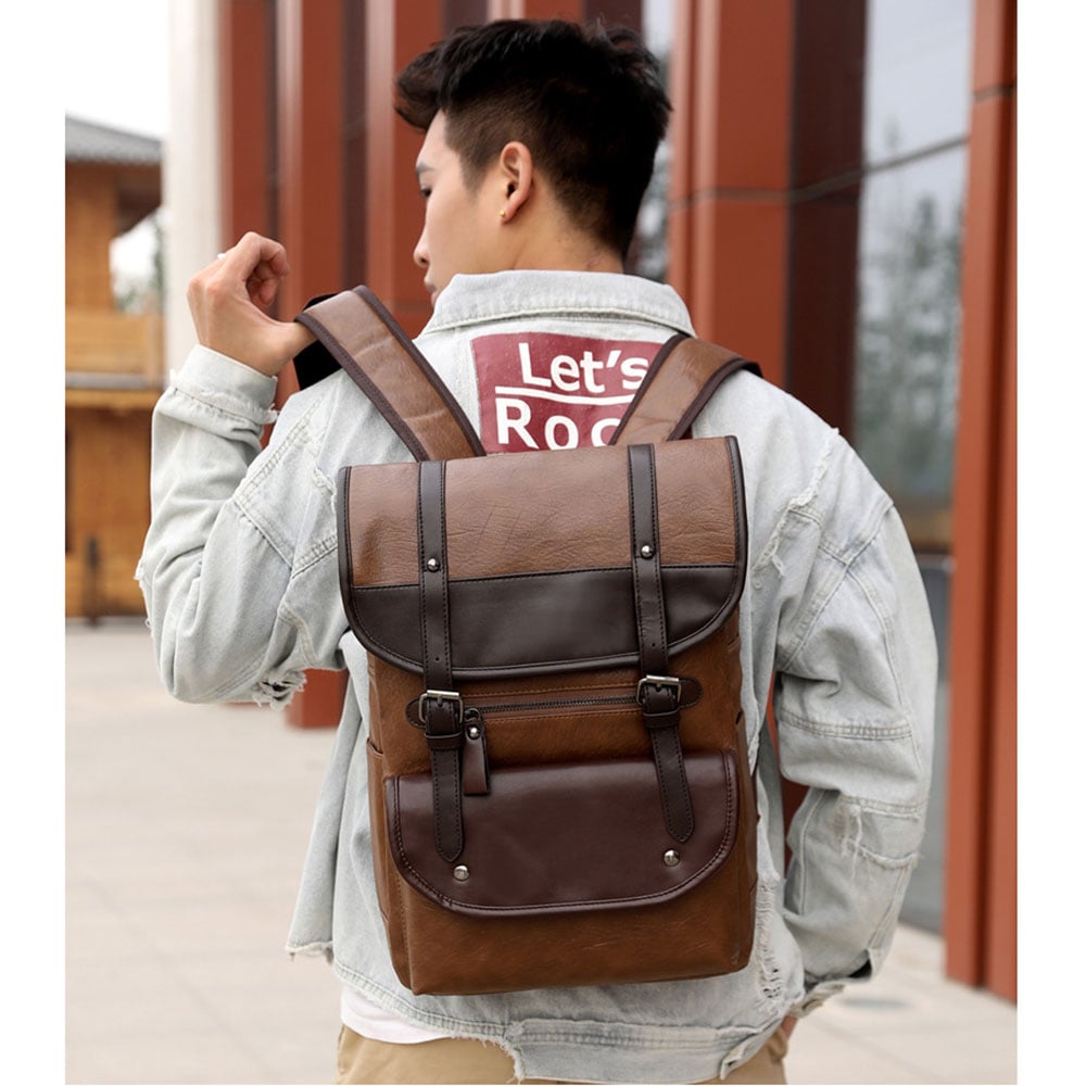 MOCHILA DE HOMBRE VINTAGE DE CUERO PU CON PORTA LAPTOP ESTUDIOS TRABAJO NEGRO MARRÓN - 4