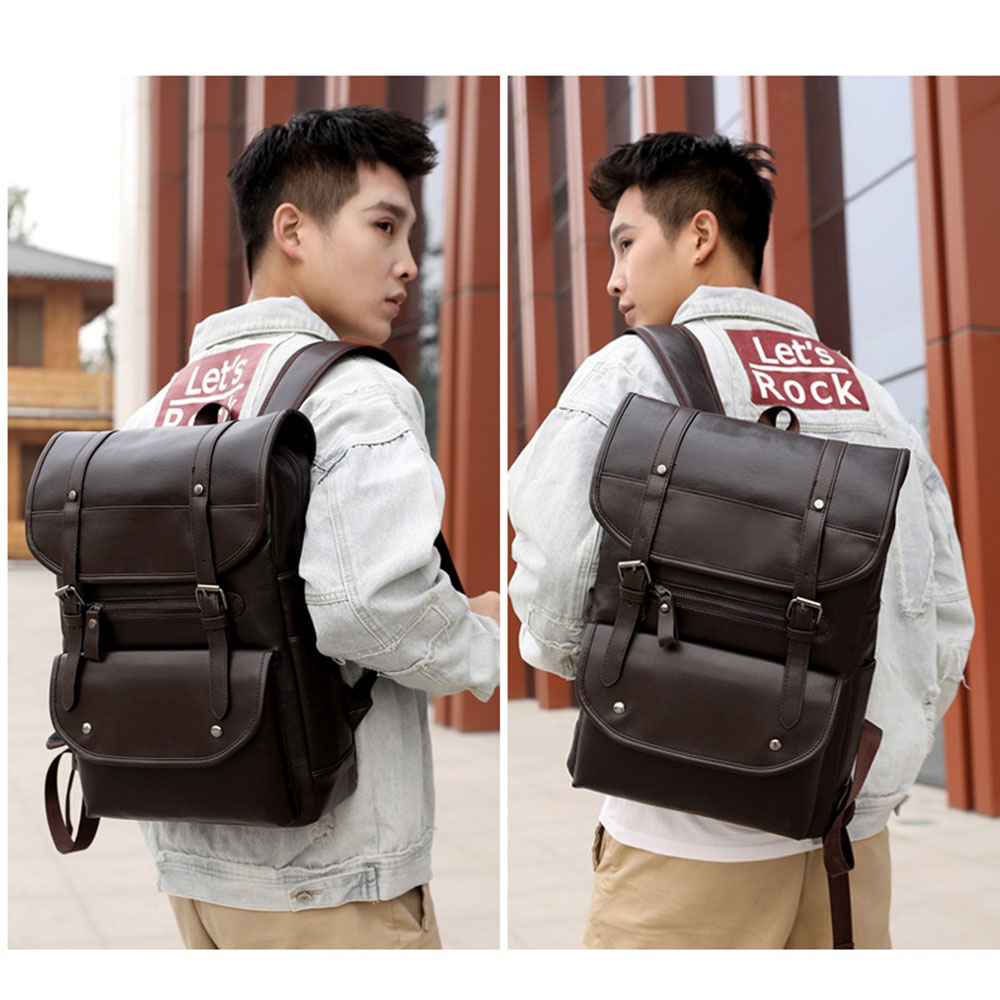 MOCHILA DE HOMBRE VINTAGE DE CUERO PU CON PORTA LAPTOP ESTUDIOS TRABAJO NEGRO MARRÓN - 4
