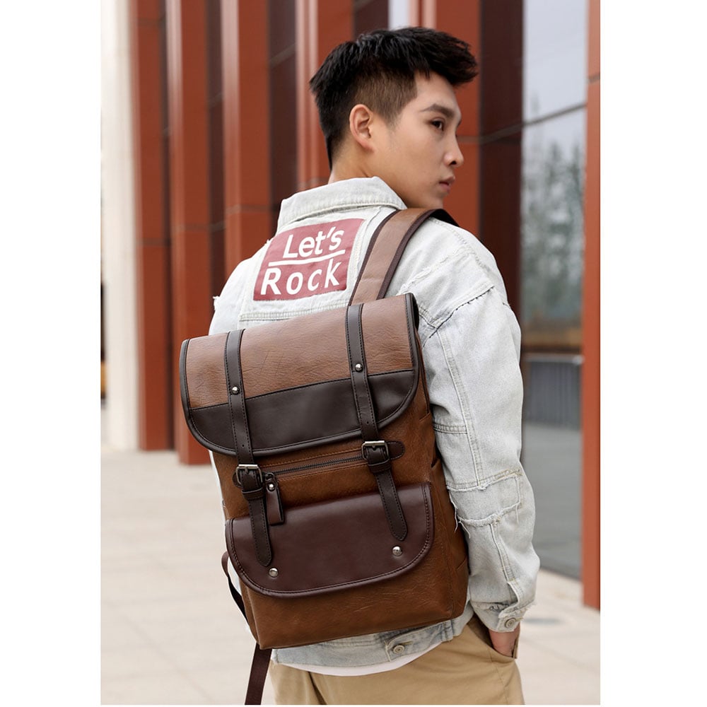 MOCHILA DE HOMBRE VINTAGE DE CUERO PU CON PORTA LAPTOP ESTUDIOS TRABAJO NEGRO MARRÓN - 5