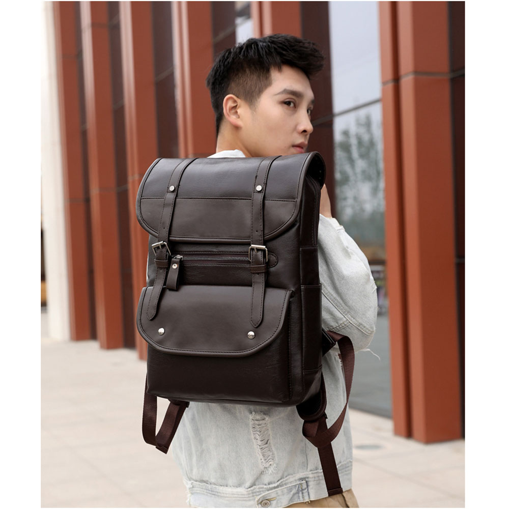 MOCHILA DE HOMBRE VINTAGE DE CUERO PU CON PORTA LAPTOP ESTUDIOS TRABAJO NEGRO MARRÓN - 5