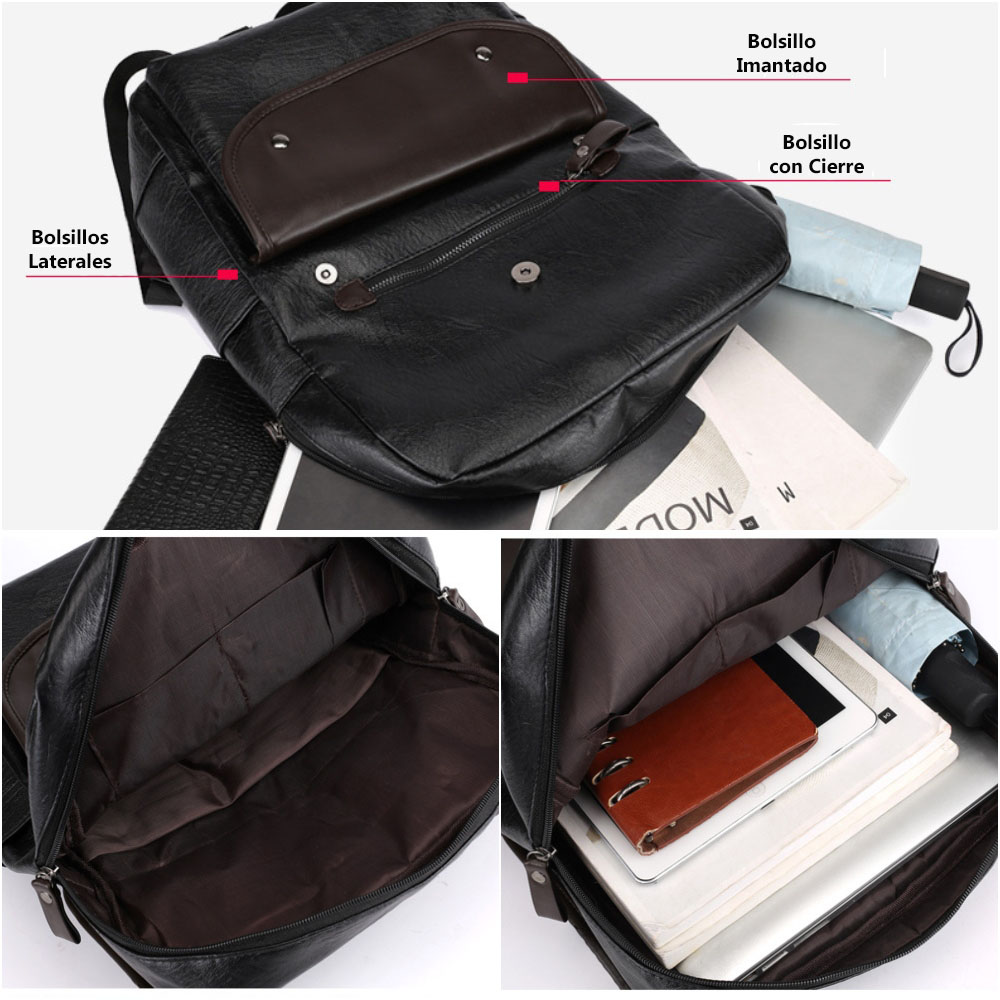 MOCHILA DE HOMBRE VINTAGE DE CUERO PU CON PORTA LAPTOP ESTUDIOS TRABAJO NEGRO MARRÓN - 7