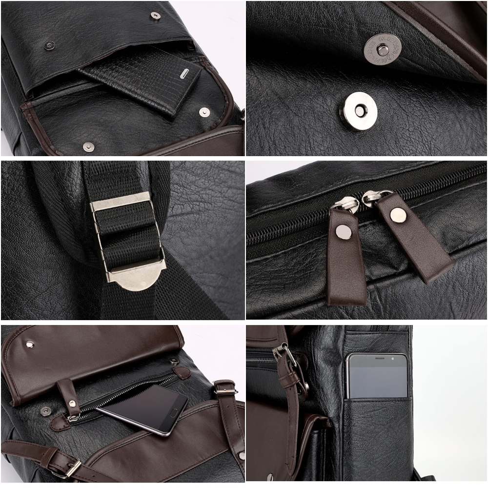 MOCHILA DE HOMBRE VINTAGE DE CUERO PU CON PORTA LAPTOP ESTUDIOS TRABAJO NEGRO MARRÓN - 8