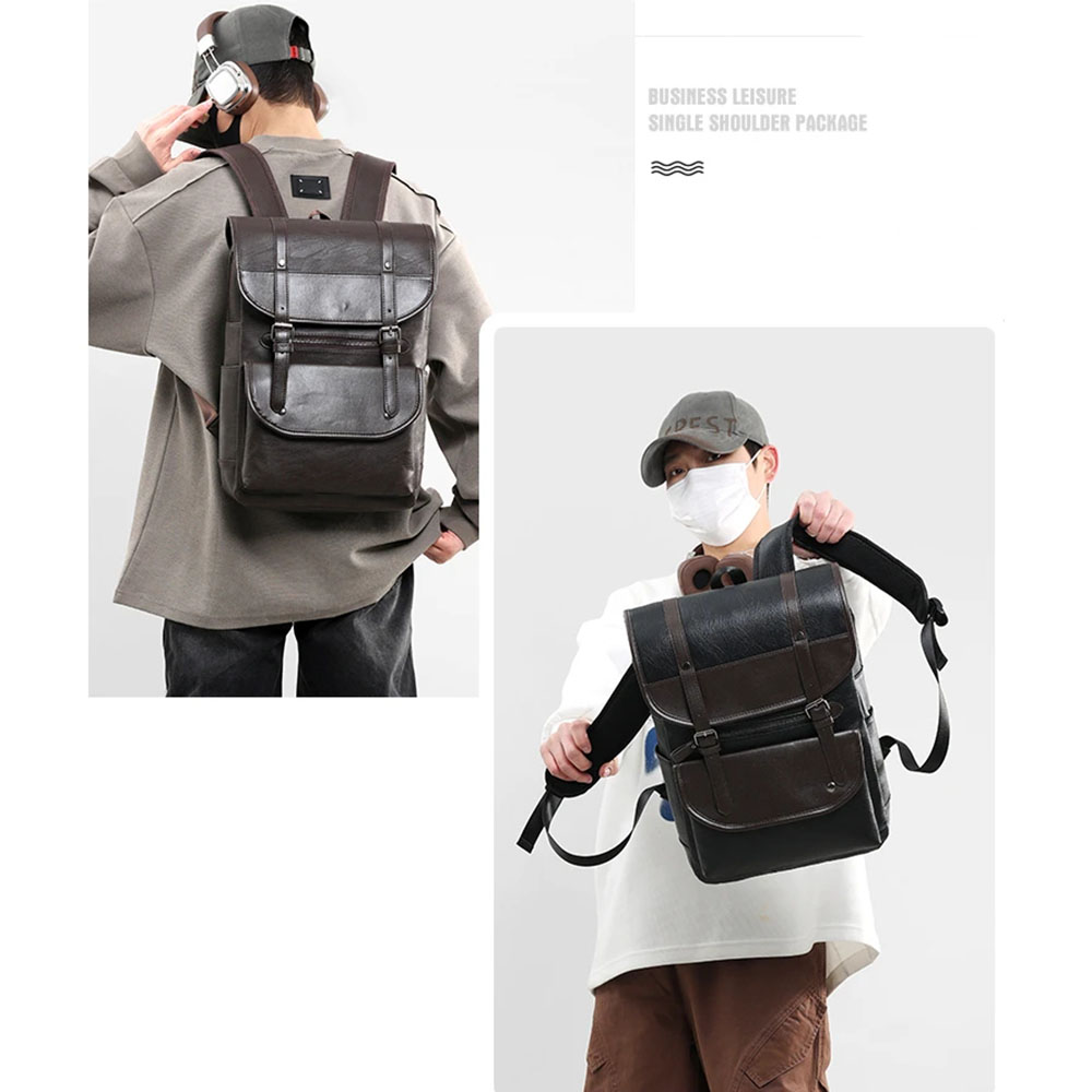 MOCHILA DE HOMBRE VINTAGE DE CUERO PU CON PORTA LAPTOP ESTUDIOS TRABAJO NEGRO MARRÓN - 9