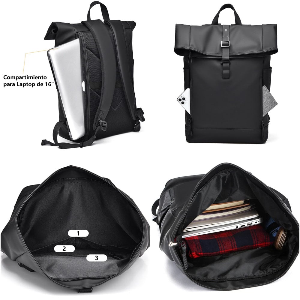MOCHILA IMPERMEABLE ENROLLABLE MOCHILA EJECUTIVA HOMBRE UNISEX PARA LAPTOP TRABAJO UNIVERSIDAD EN CUERO PU - 6