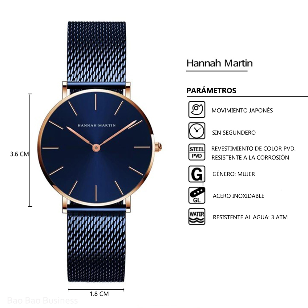 RELOJES DAMA ANÁLOGO DE METAL ACERO INOXIDABLE AZUL HANNAH MARTIN MODA AZUL - 2