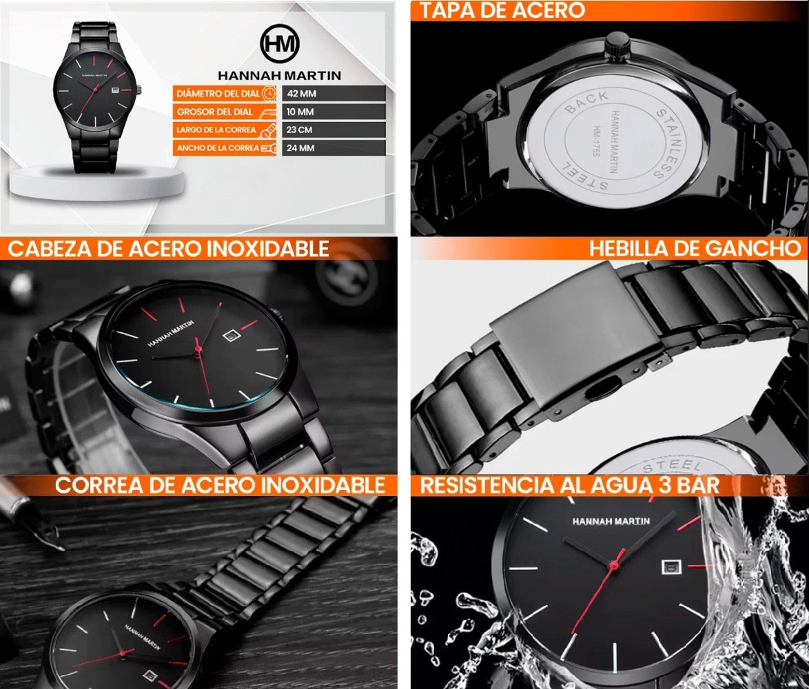 RELOJ ANÁLOGO HANNAH MARTIN HOMBRE DE METAL ACERO MODA NEGRO - 3