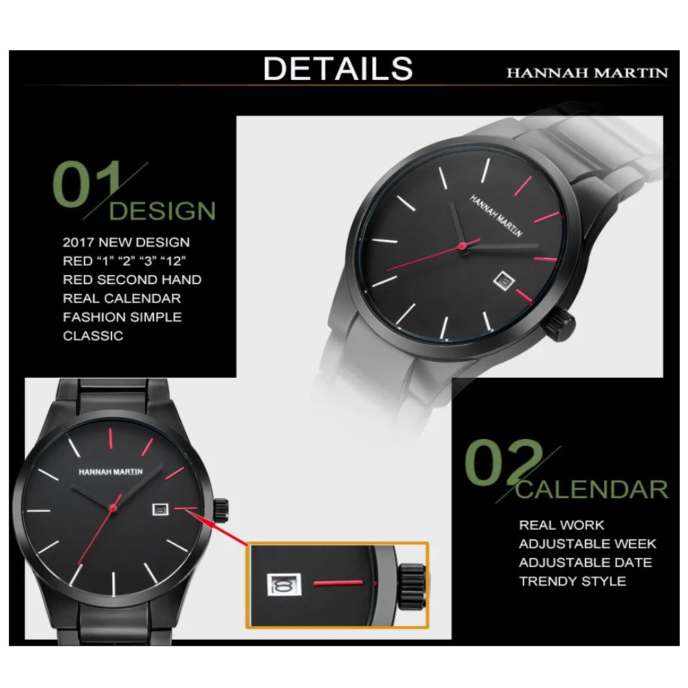 RELOJ ANÁLOGO HANNAH MARTIN HOMBRE DE METAL ACERO MODA NEGRO - 5