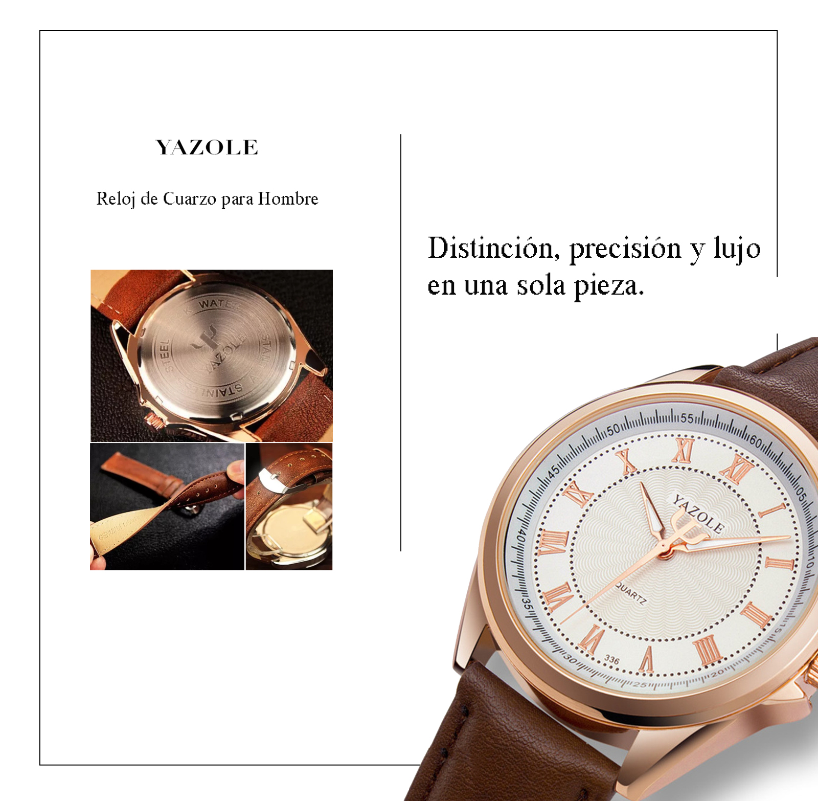RELOJ HOMBRE CORREA DE CUERO PU YAZOLE 336 RELOJ ANÁLOGO MARRÓN BLANCO - 3