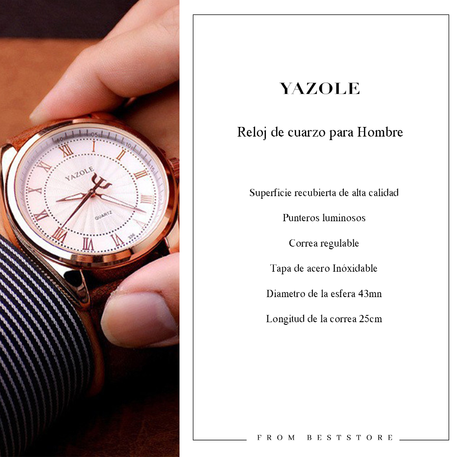 RELOJ HOMBRE CORREA DE CUERO PU YAZOLE 336 RELOJ ANÁLOGO MARRÓN BLANCO - 4
