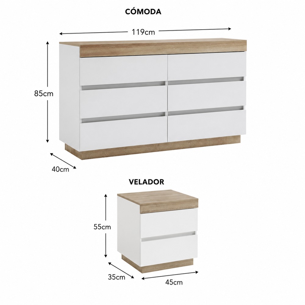 SET COMODA VENTITAS PERU CATRIONA 6 CAJONES BLANCO + 2 VELADORES HOME - 6