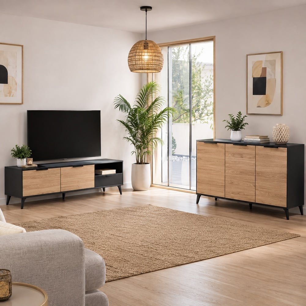 COMBO MESA DE TV 60” + APARADOR URANO NEGRO Y ROVERE - 1