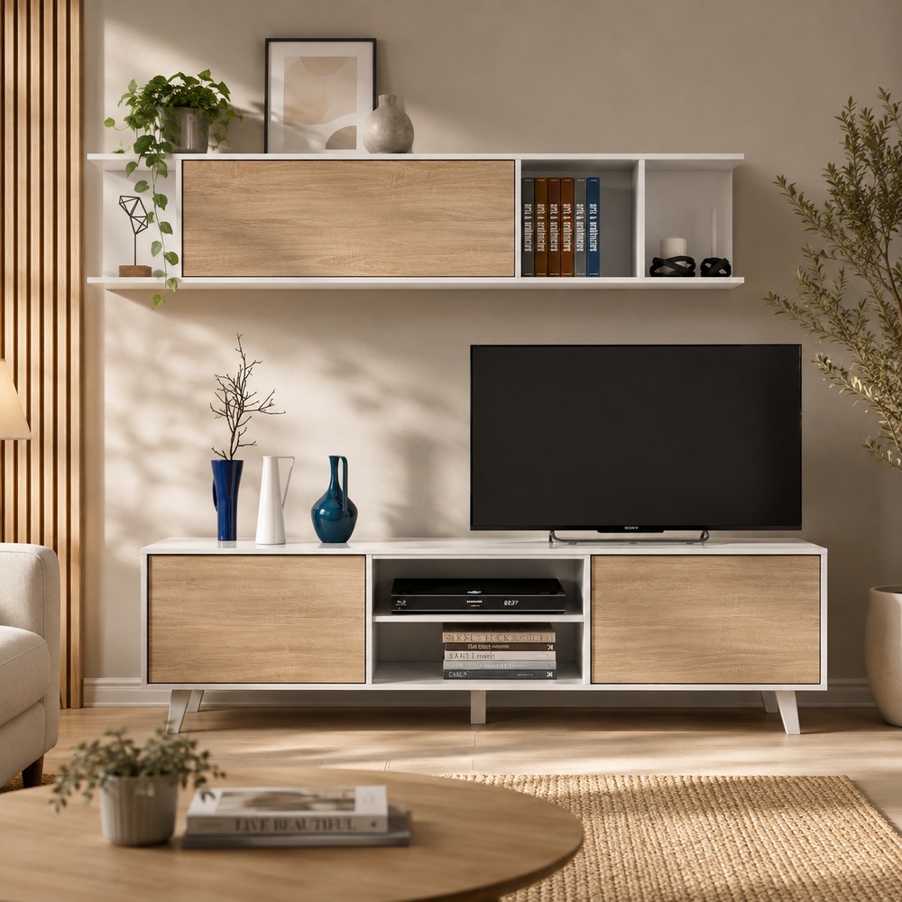 COMBO MESA DE TV 77° + ESTANTE ARTEMISA ROVERE Y BLANCO - 1