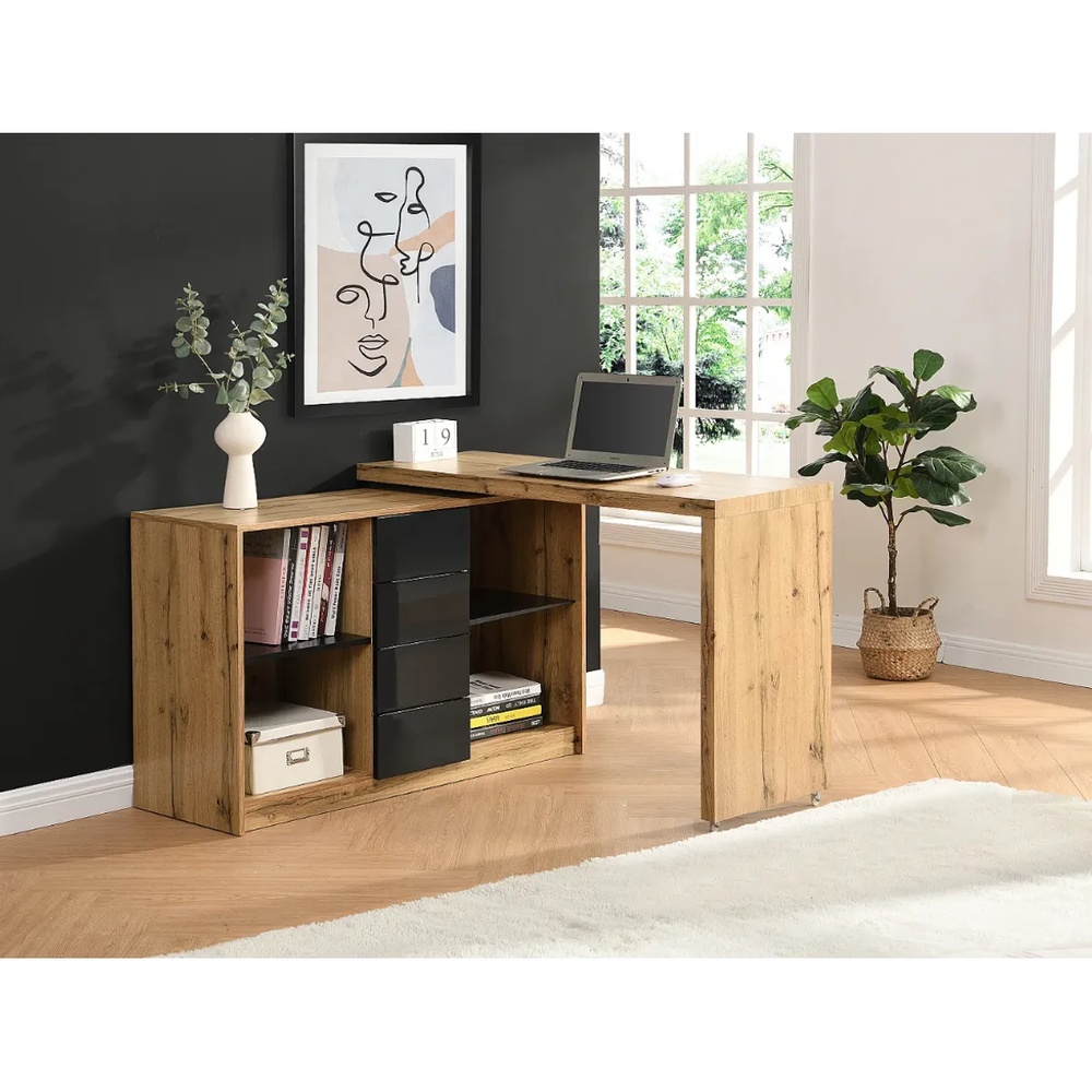 ESCRITORIO EN L SASSY VENTITAS HOME COLOR MACADAMIA Y HIGH GLOSS NEGRO - 1