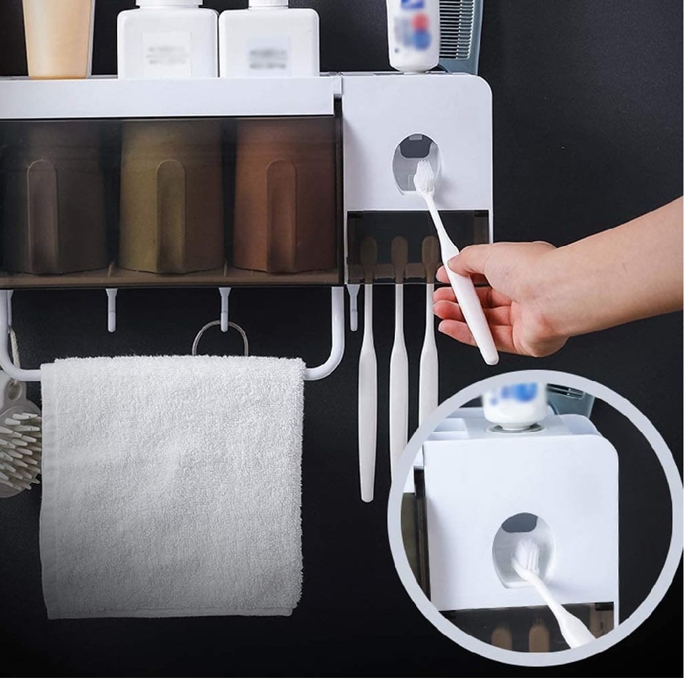 DISPENSADOR AUTOMÁTICO DE PASTA DENTAL PORTA CEPILLOS DE DIENTES 4 TAZAS - 4