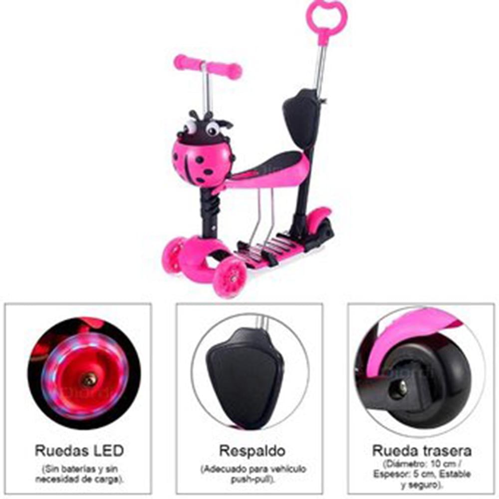 SCOOTER, MARIQUITA, 5 EN 1, CON SILLITA REMOVIBLE, GUÍA, COLORES - ROSADO - 3