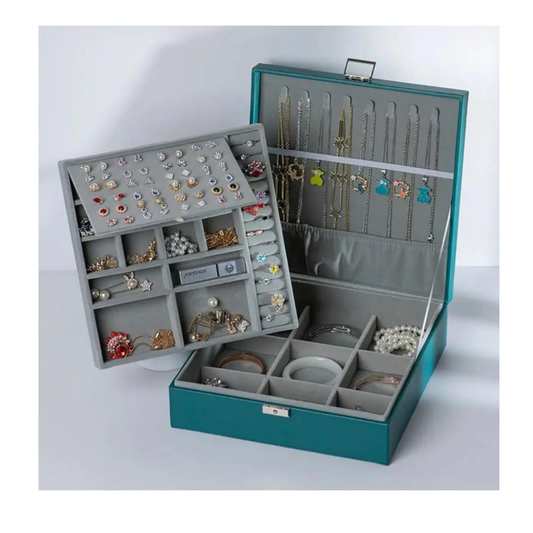 CAJA DE JOYERIA GRANDE DE DOBLE CAPA VERDE - 1