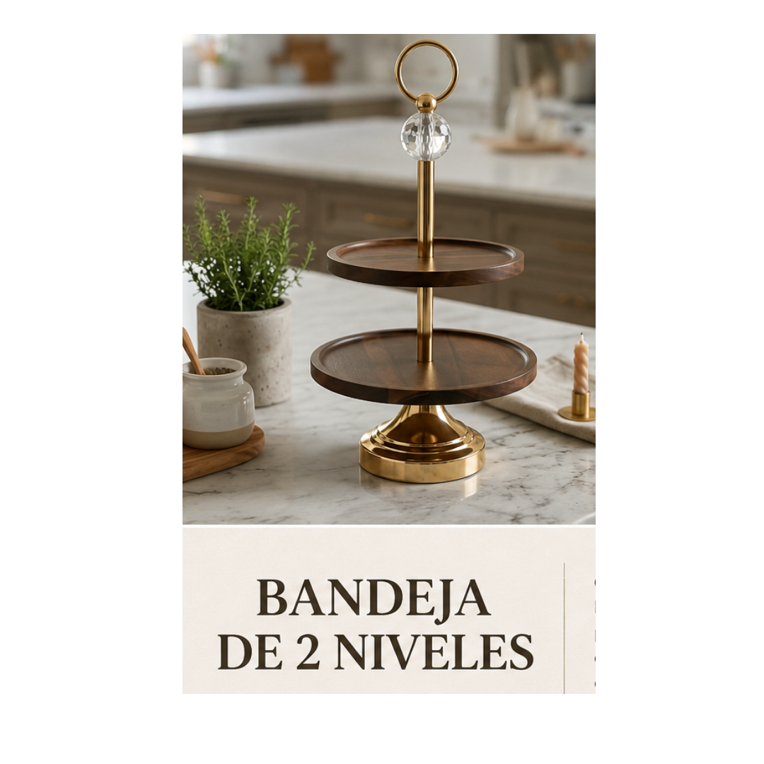 BANDEJA DECORATIVA DE MADERA DE 2 NIVELES - 1